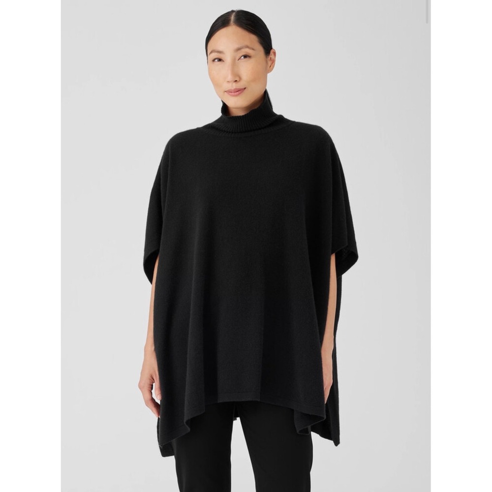 Eileen Fisher Italian Cashmere Turtleneck Poncho Women OS Black Excellent Luxury